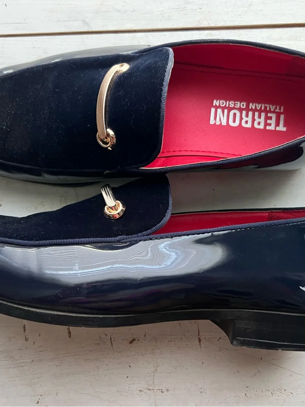 Men's Navy Velvet & Patent Slip-On Loafers with Gold Bit
